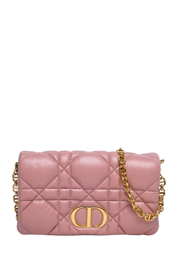 Dior 2022 Caro Rose Macrocannage Padded Quilted Leather Pouch Chain Crossbody