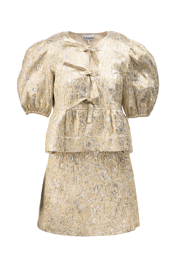 Ganni Size 38 Puff Sleeve Brocade Top & Brocade Mini Skirt Set