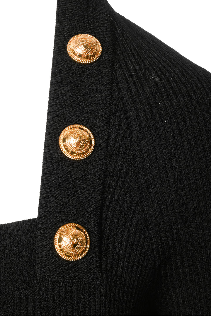 Balmain Size 44 Button Embellished Ribbed Knit Mini Dress