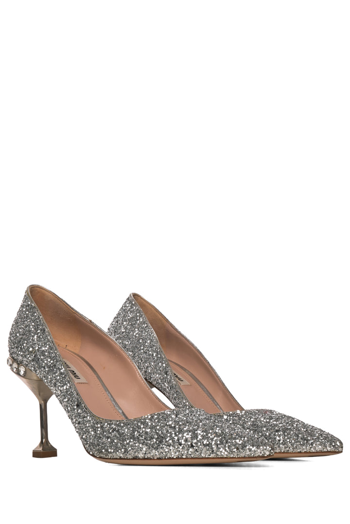 Miu Miu Size 38.5 Silver Metallic Glitter Pumps