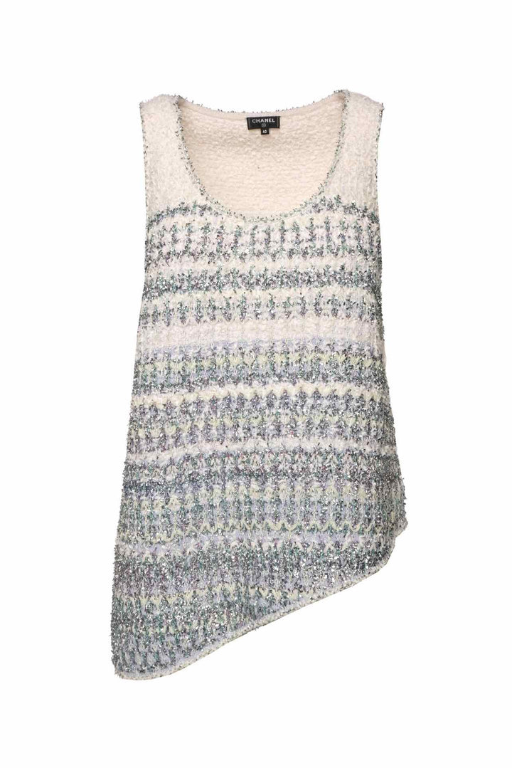Chanel Size 40 Spring 2018 Waterfall Asymmetrical Metallic Tweed Tank Top