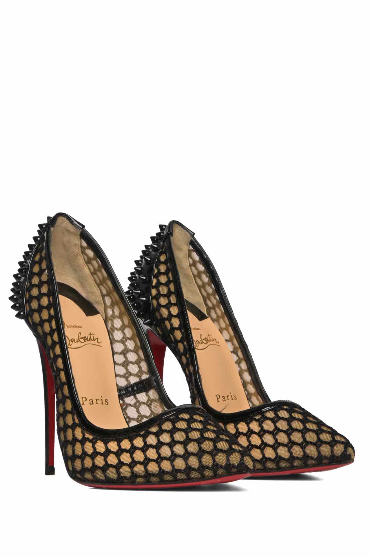 Christian Louboutin Size 39 Spiked Patent Leather & Fishnet Mesh