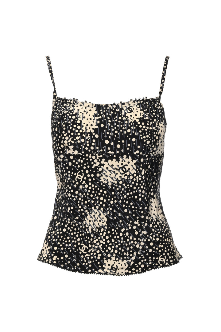 Chanel Size S 2002 Embellished Trim CC Logo & Polka Dot Silk Tank Top