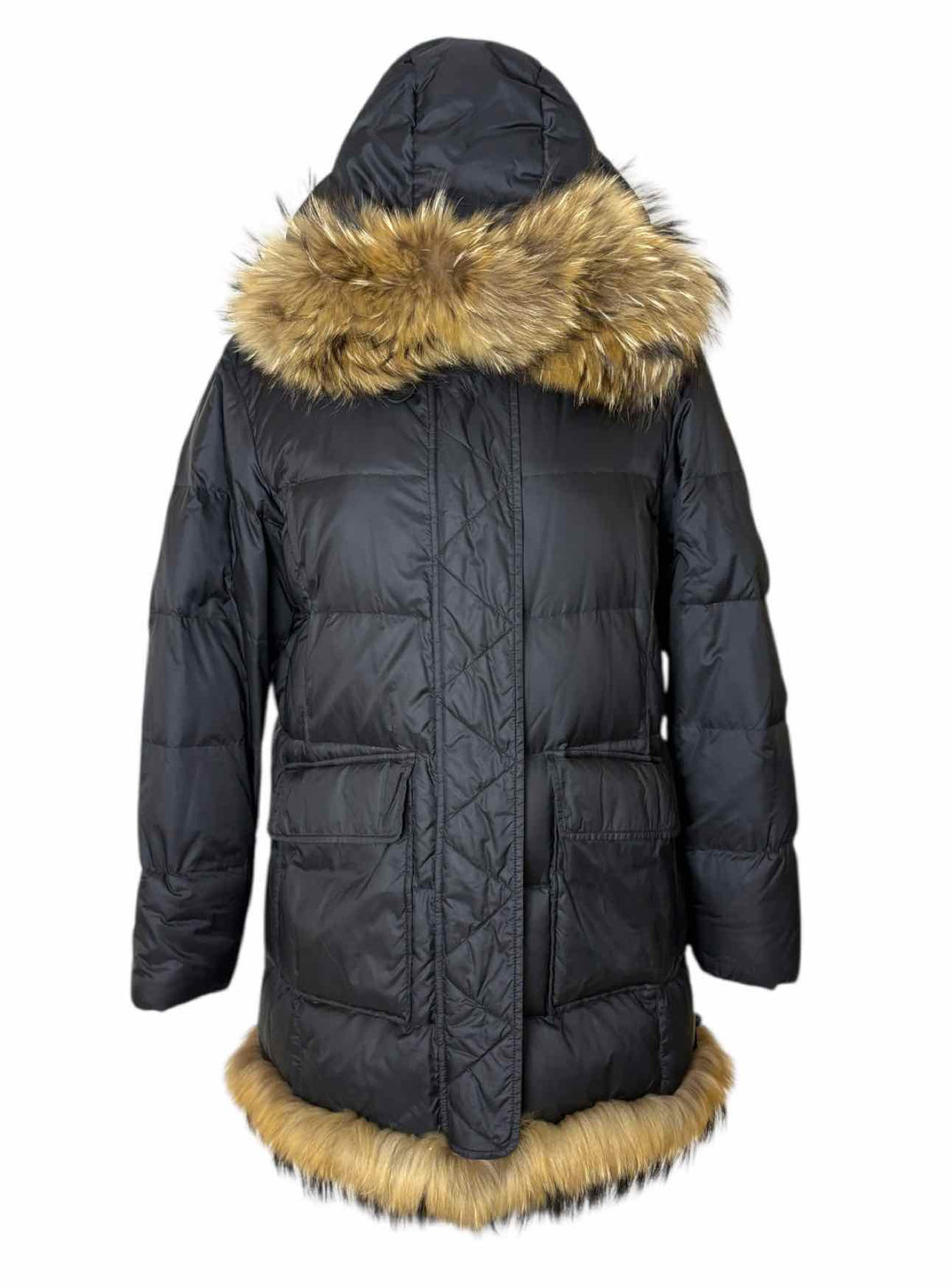 Burberry London Size 46 Quilted Poly Fur Trimmed Coat