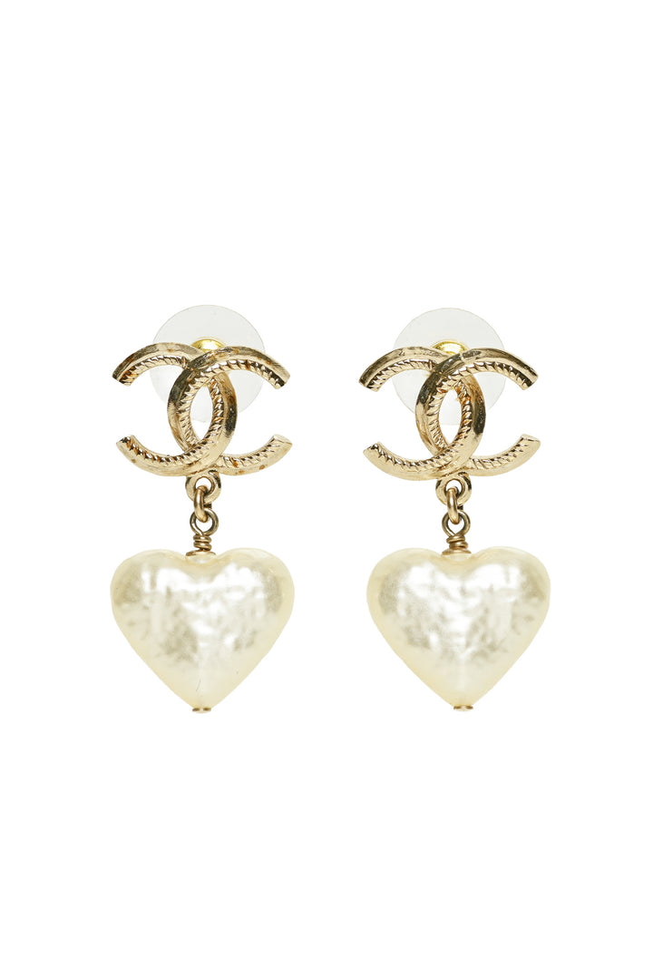 Chanel 2024 CC Faux Pearl Heart Drop Earrings