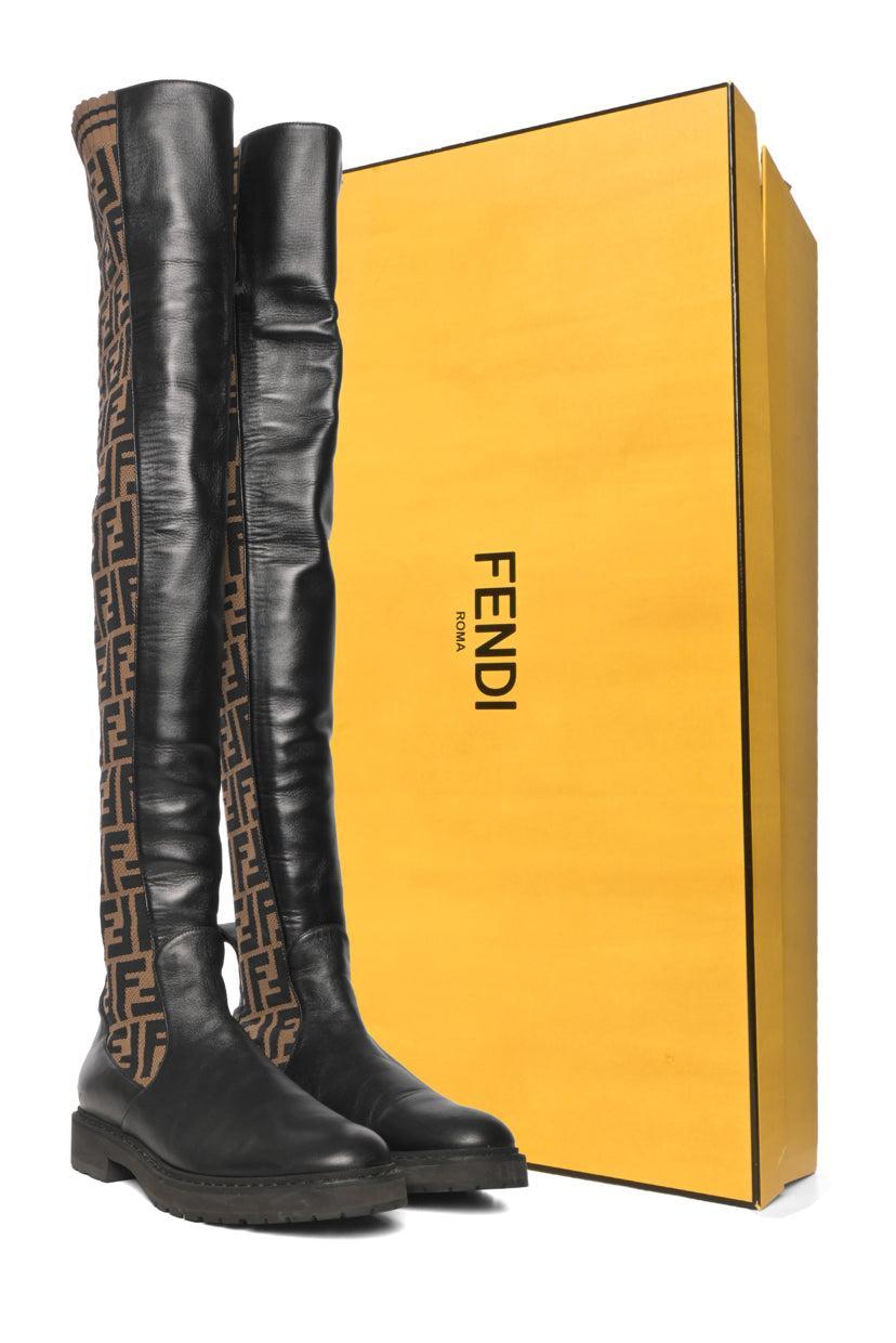Fendi Size 37 Rockoko FF Zucca Over The Knee Boots