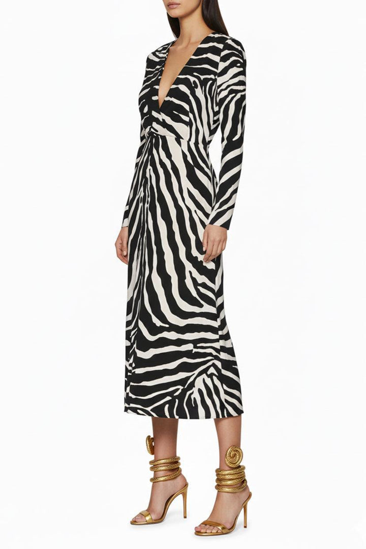 Dolce & Gabbana Size 42 Zebra-Printed V-Neck Midi Dress