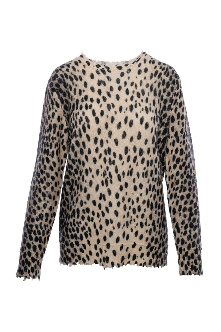 R13 Size S Cashmere Distressed Knit Cheetah Crewneck Sweater