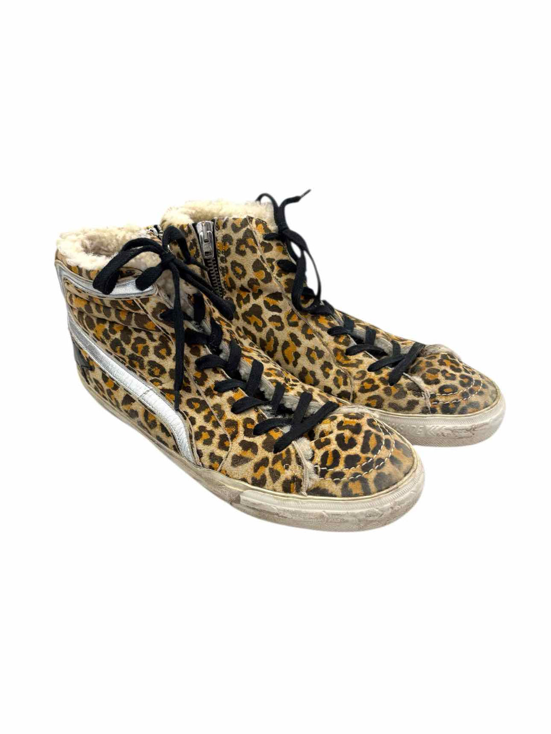 Golden Goose Size Slide Distressed Shearling Lined Leopard Print Suede Sneaker