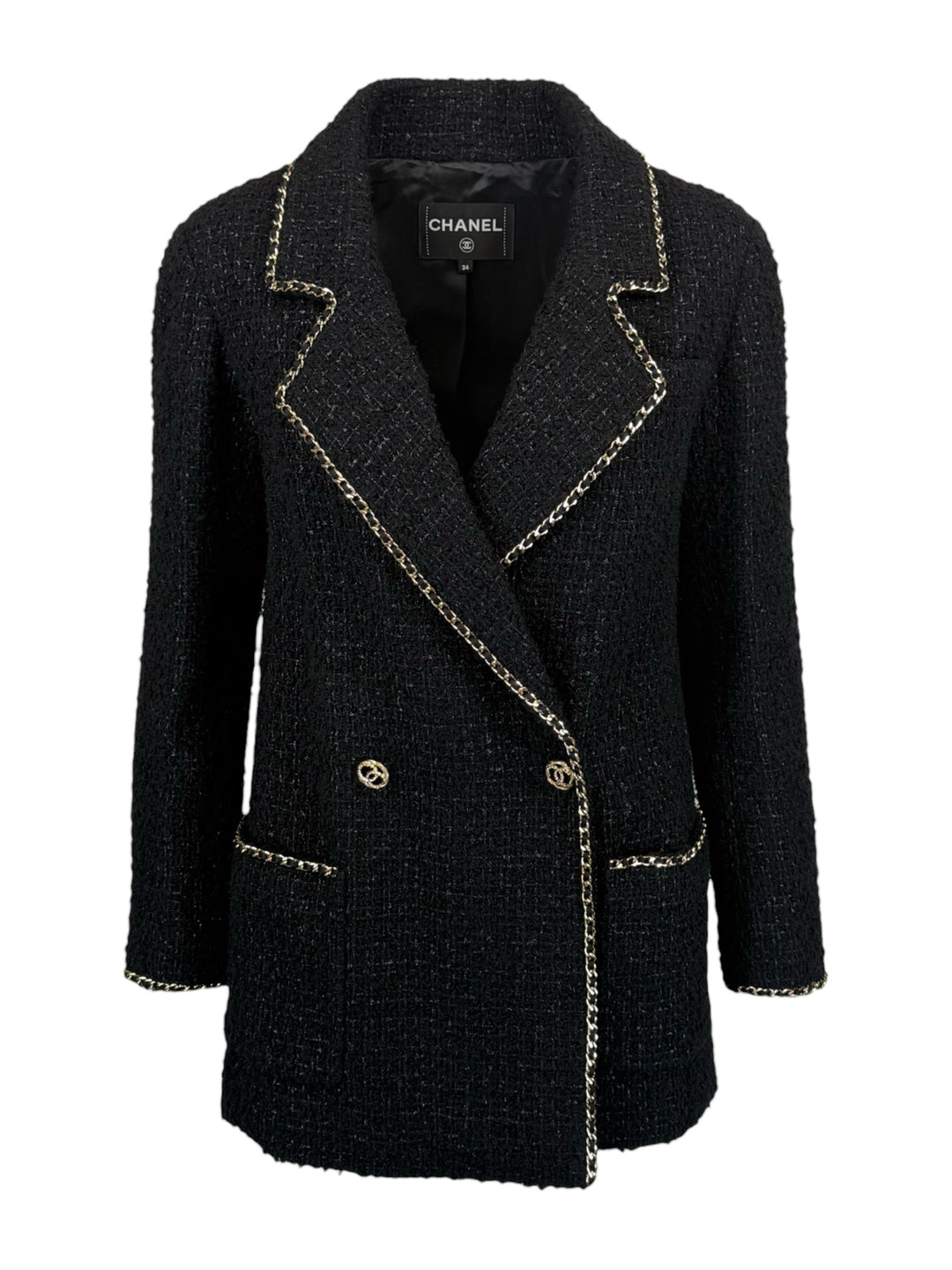 Chanel Size 2 Gold Chain Trim Tweed Blazer