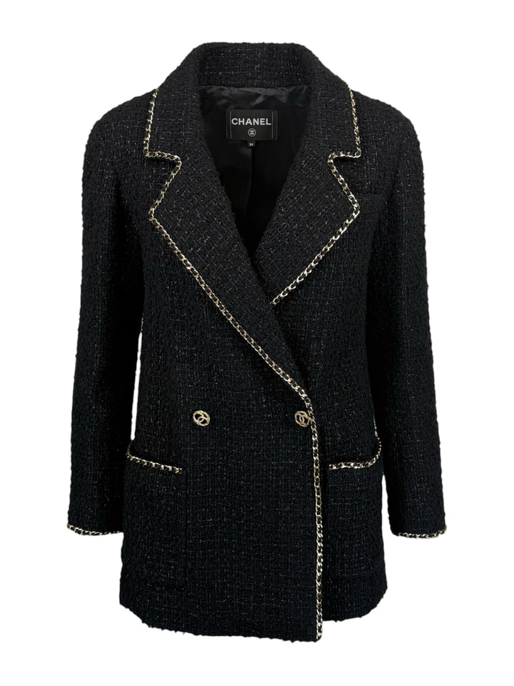 Chanel Size 2 Gold Chain Trim Tweed Blazer
