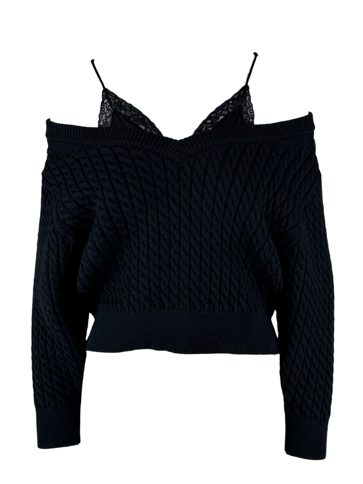 T Alexander Wang Size S Bi-Layer Satin Camisole V-Neck Cable Sweater