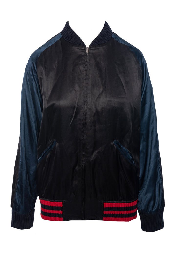 Gucci Size 52 Men's 2015 Web Accent Embroidered Satin Bomber Jacket