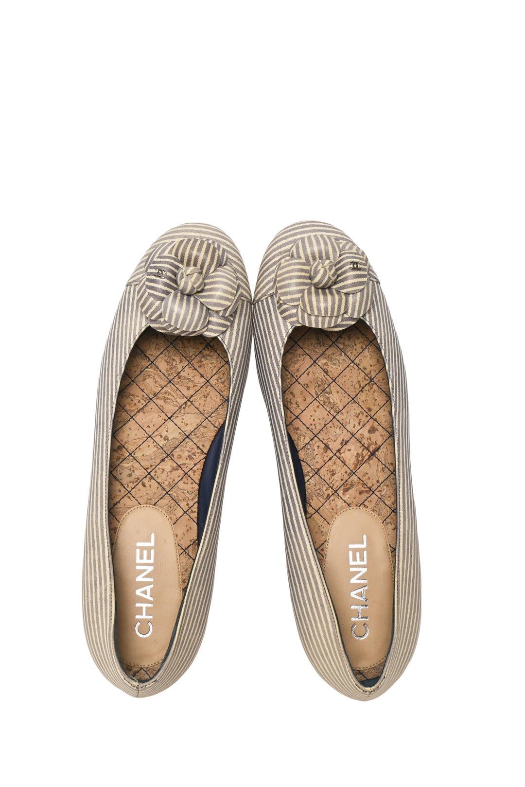 Chanel Size 38.5 Striped Camellia Ballet Flats