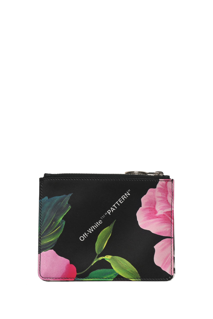 Off White Floral Pattern Zipped Double Flat Pouch Wristlet