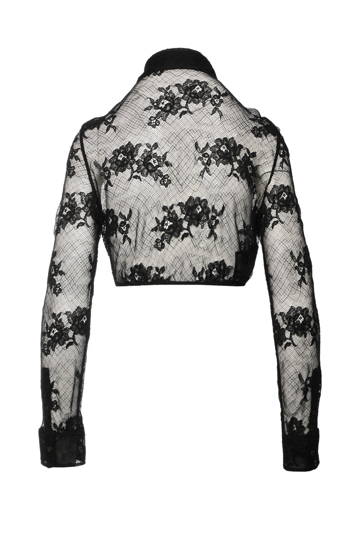 Prada Size 38 2022 Floral Lace Flocked Logo Crop Shirt