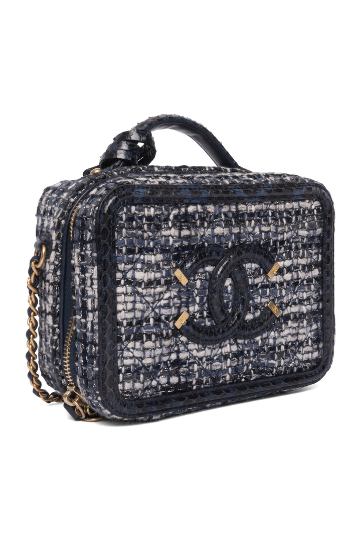 Chanel 2018 Tweed, Python & Calfskin Small CC Filigree Vanity Case Shoulder Bag