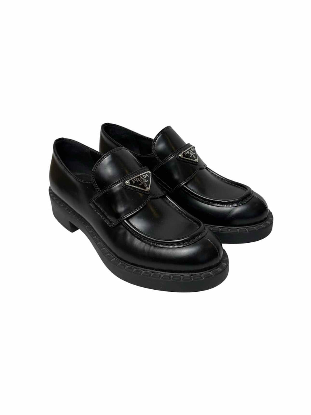 Prada Size 38 Brushed Leather Logo Loafers
