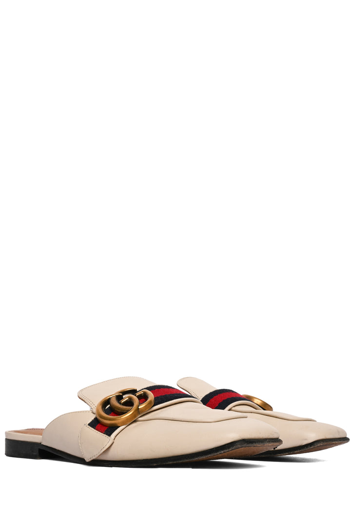 Gucci Size 35.5 Peyton GG Marmont Web Stripe Square Toe Leather Mules