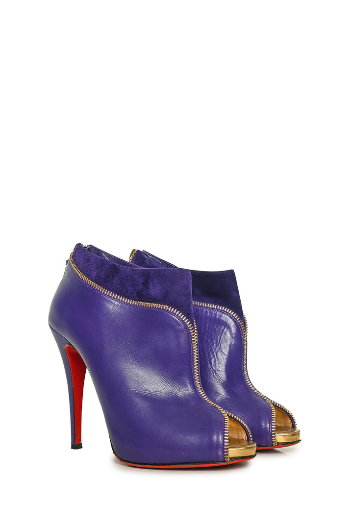 Christian Louboutin Size 38 Leather & Suede Col Zippe Peep Toe Ankle Boots