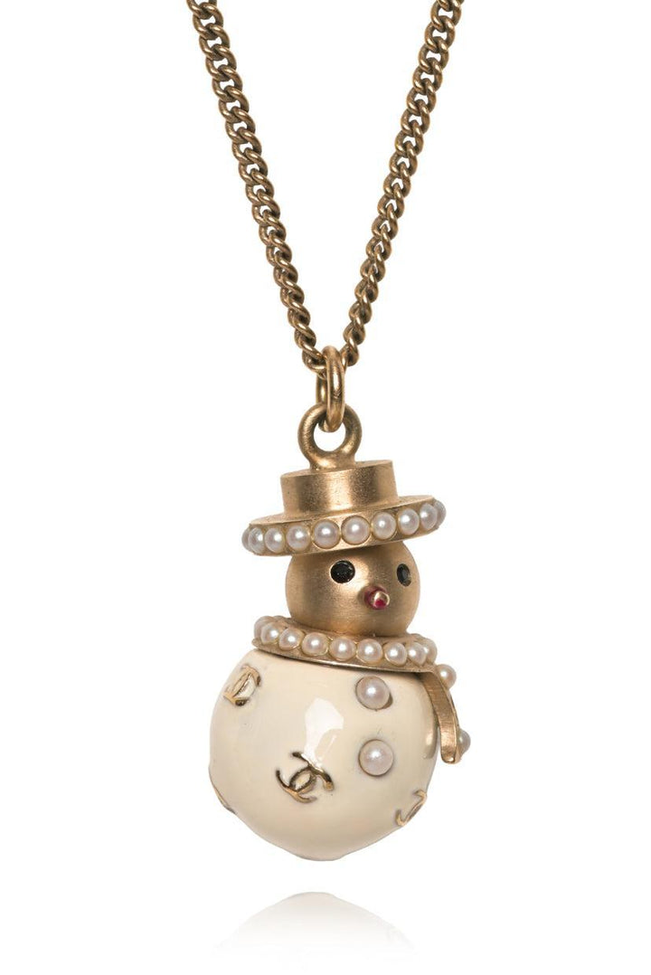 Chanel 2005 Faux Pearl, Interlocking CC Logo & Enamel Snowman Pendant Necklace