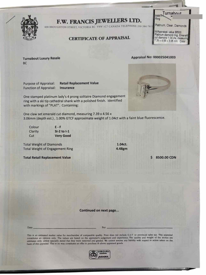 Platinum Emerald Cut Diamond Size 5 Ring