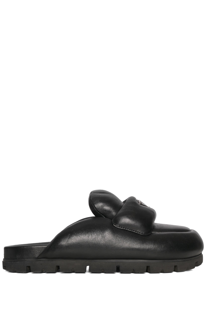 Prada Size 38 Lug Sole Triangle Logo Soft Padded Nappa Leather Mules