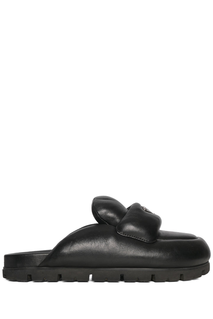 Prada Size 38 Lug Sole Triangle Logo Soft Padded Nappa Leather Mules