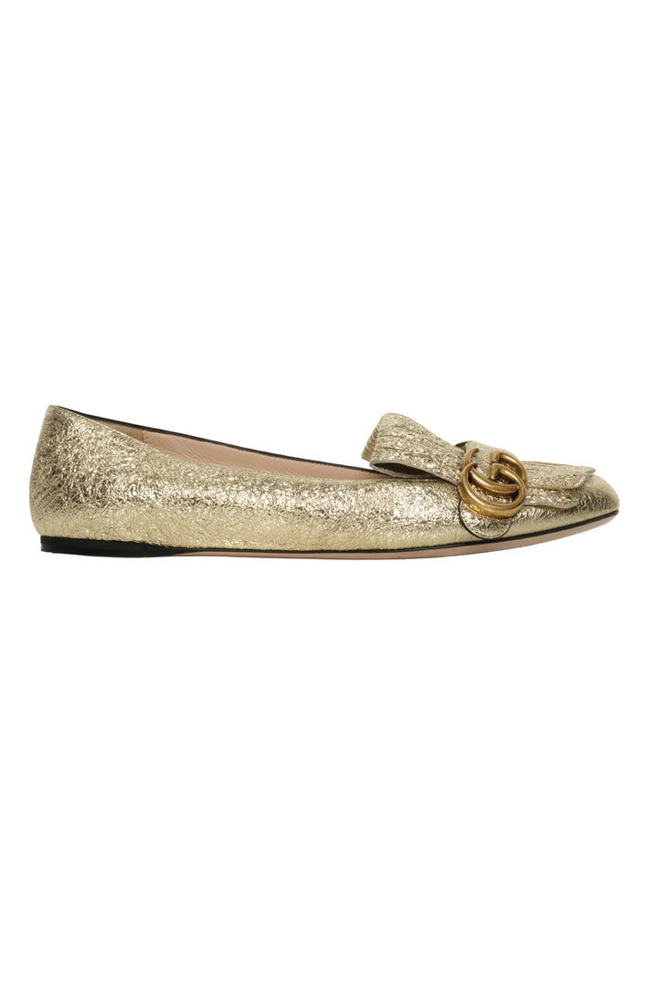 Gucci Size 40 Gold Foil GG Marmont Fringe Flat