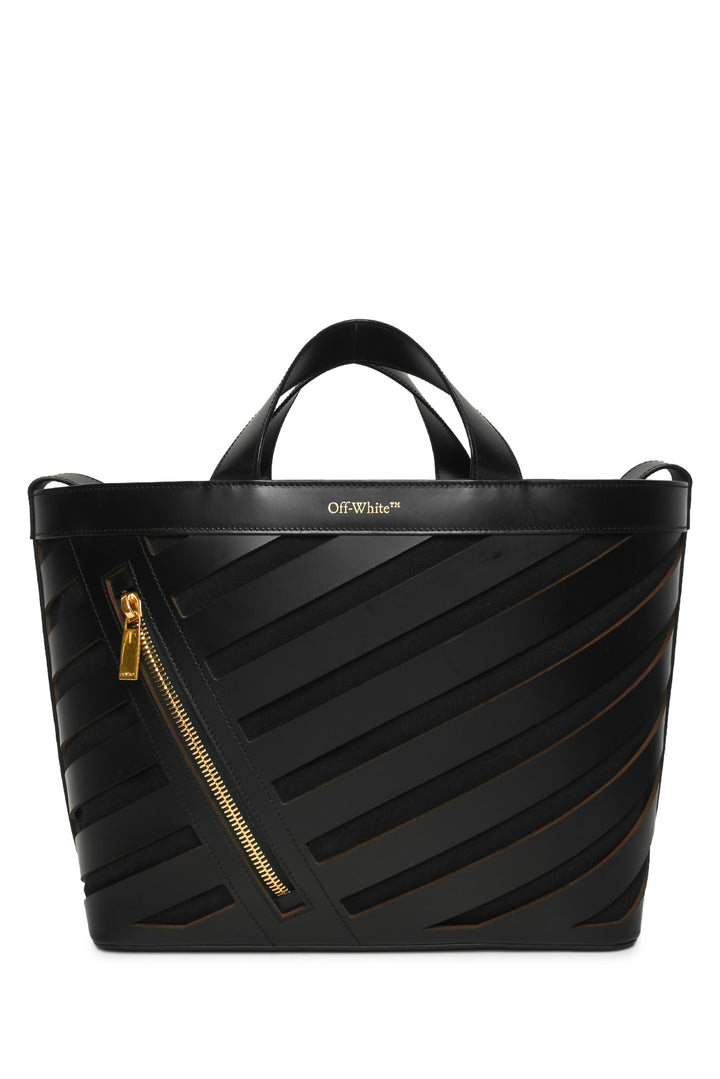 Off White Diagonal Cutout Leather & Canvas Tote