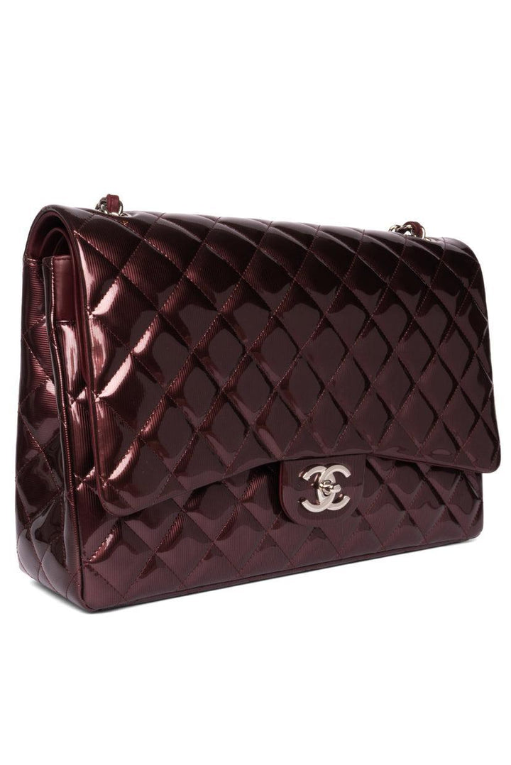 Chanel 2012 Striated Metallic Patent Leather Double Flap Maxi Shoulder Bag