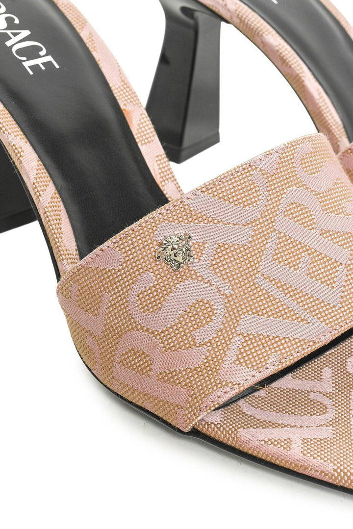 Versace Size 40.5 Flare Heel Jacquard Logo Sandals