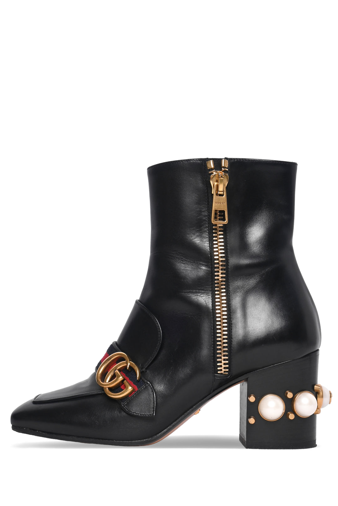 Gucci Size 37 Faux Pearl Accent GG Web Ankle Boots