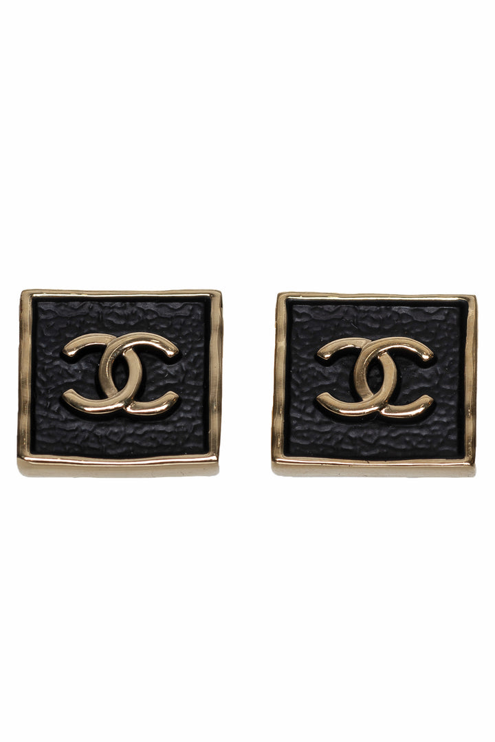 Chanel Size OS Black Leather + Gold Metal Square CC Earrings