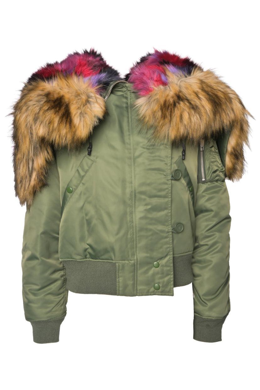 The Kooples Size 2 Multi-colour Faux Fur Hood Bomber Jacket