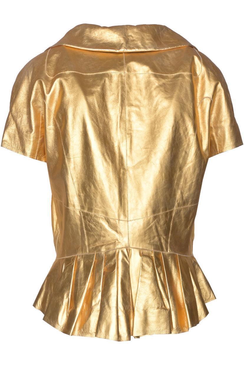 Louis Vuitton Size 42 Metallic Leather Short Sleeve Peplum Jacket
