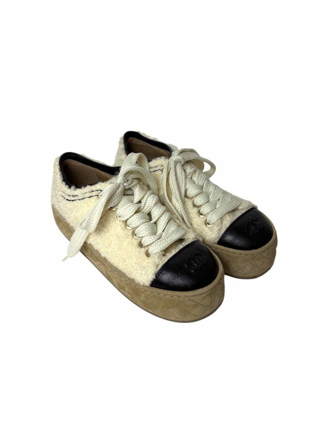 Chanel Size 36.5 Shearling & Leather Cap Toe CC Logo Sneaker