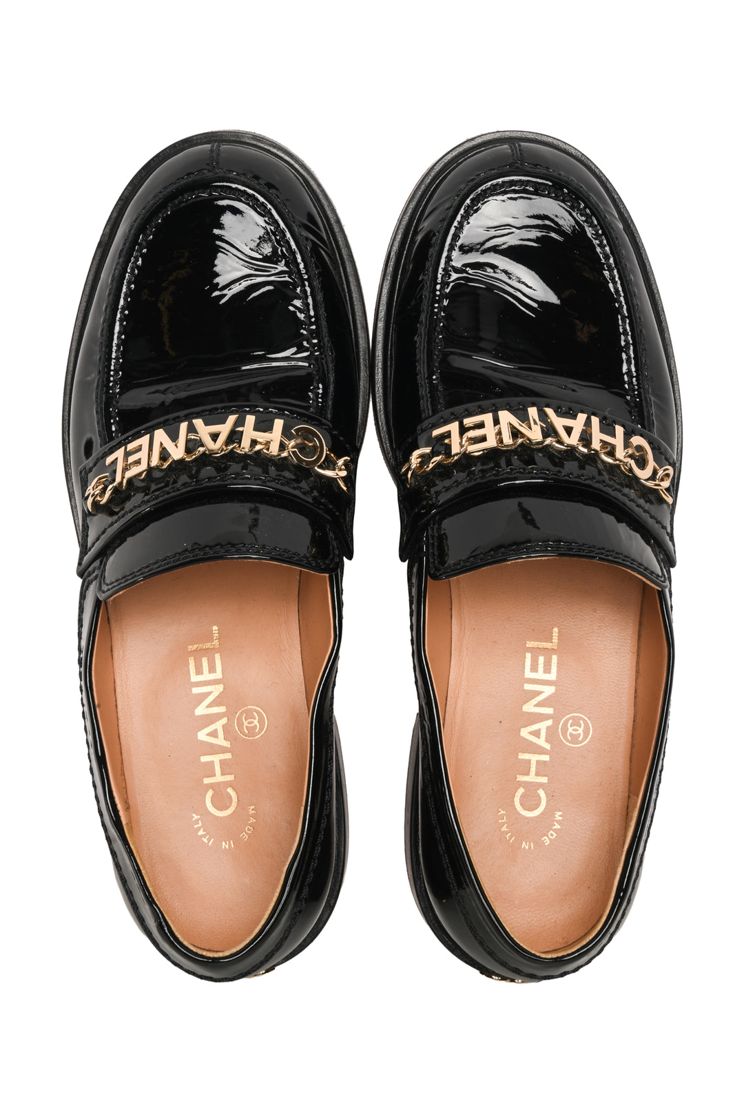 Chanel Size 36 Patent Leather Chain Logo Loafers