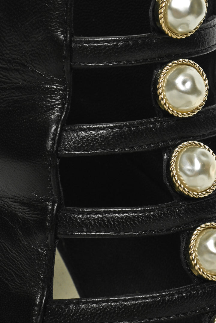 Chanel Size 36.5 Caged Faux Pearl CC Logo Leather Sandals