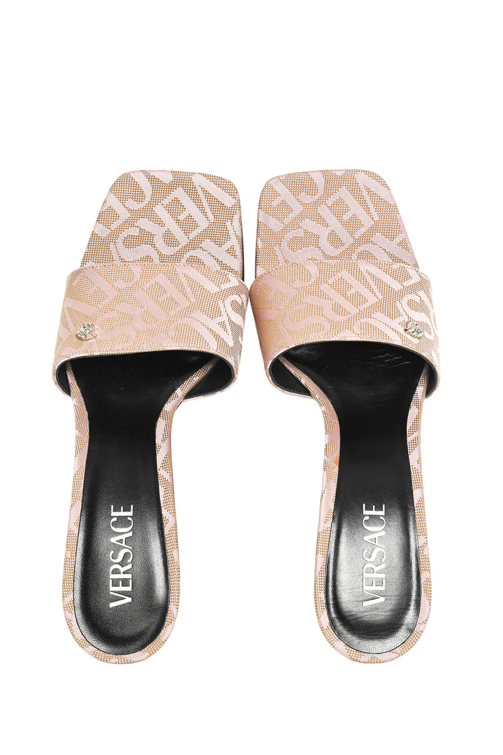 Versace Size 40.5 Flare Heel Jacquard Logo Sandals