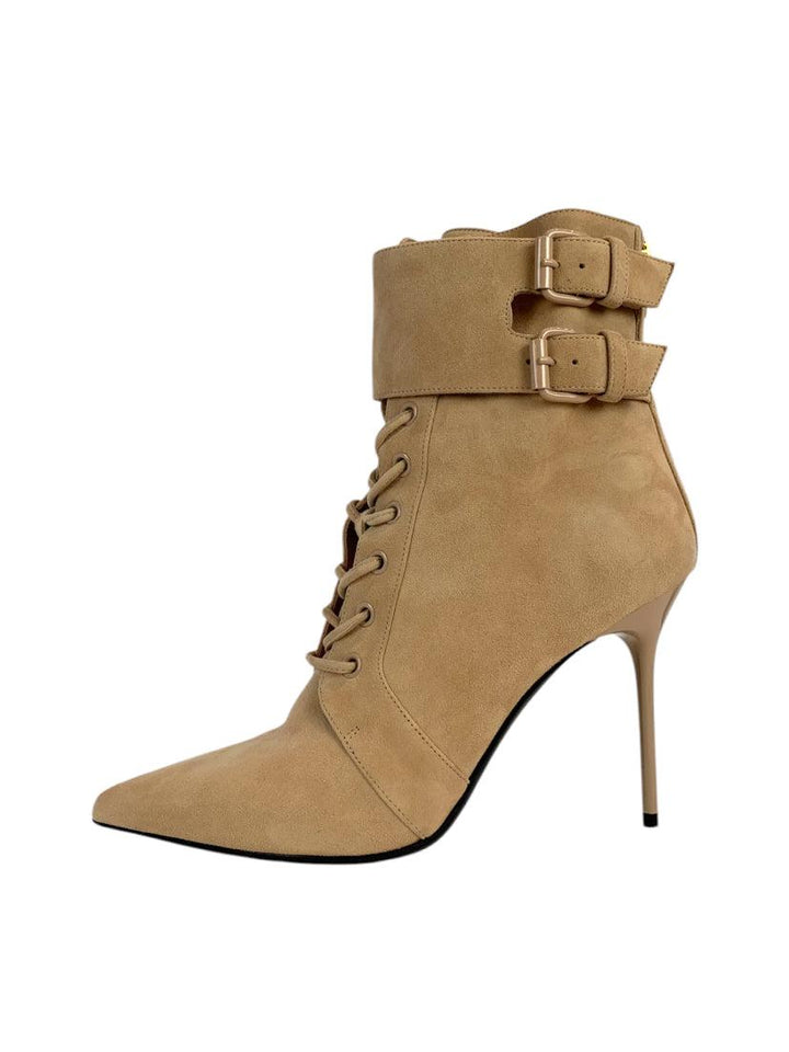 Balmain Size 38 Suede Lace Up Heeled Ankle Boots