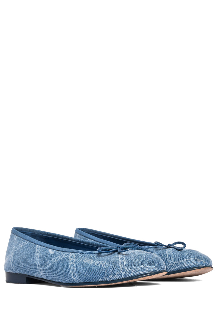 Chanel Size 37.5 Denim Printed Cap Toe Ballerina Flats