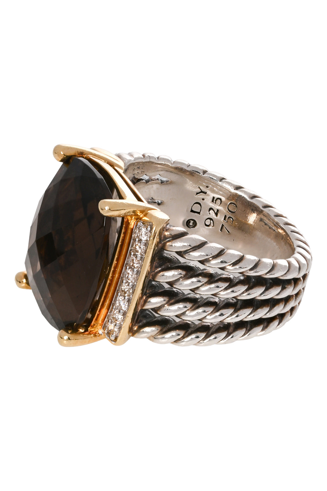 David Yurman 925 & 18K Gold Smokey Quartz & Diamond Size 7 Ring