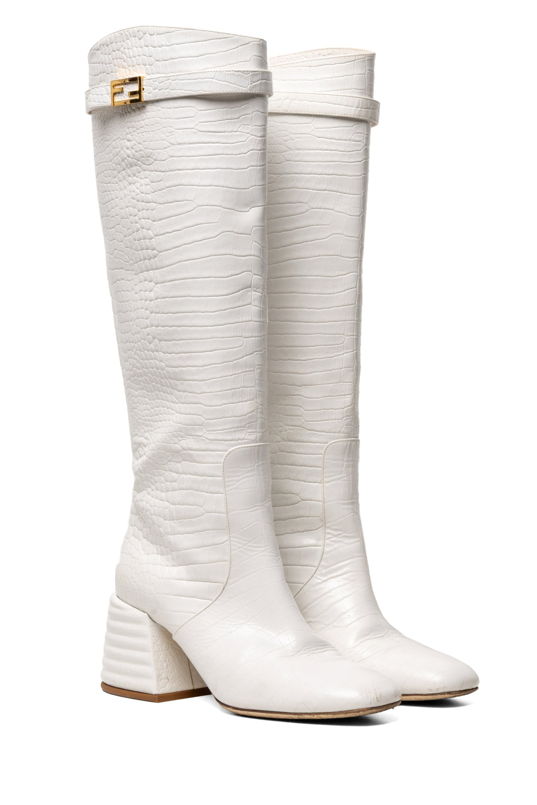 Fendi Size 38.5 Logo Plaque Crocodile Embossed Knee High Boots