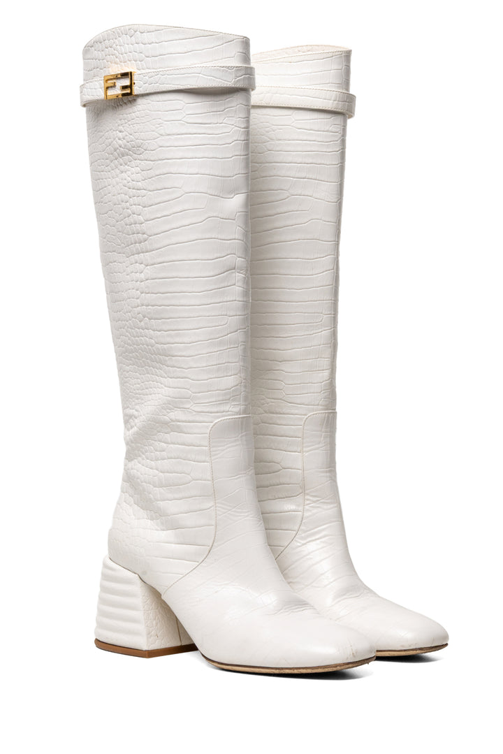 Fendi Size 38.5 Logo Plaque Crocodile Embossed Knee High Boots