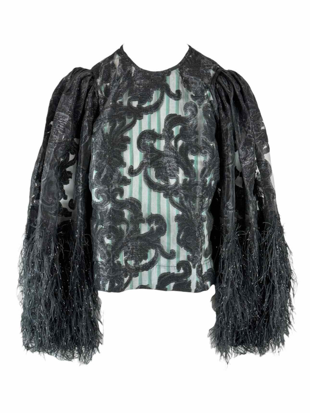 Ganni Size 38 Mixed Media Feather Sleeve Top