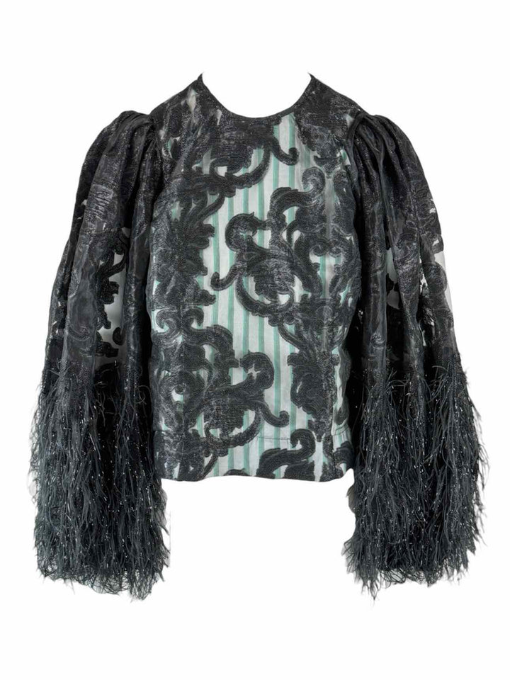 Ganni Size 38 Mixed Media Feather Sleeve Top