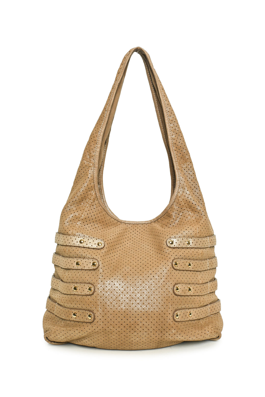 Jimmy Choo Bardia Perforated Metallic Suede Buckle Strap Hobo Shoulder Bag