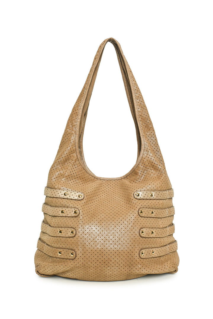 Jimmy Choo Bardia Perforated Metallic Suede Buckle Strap Hobo Shoulder Bag