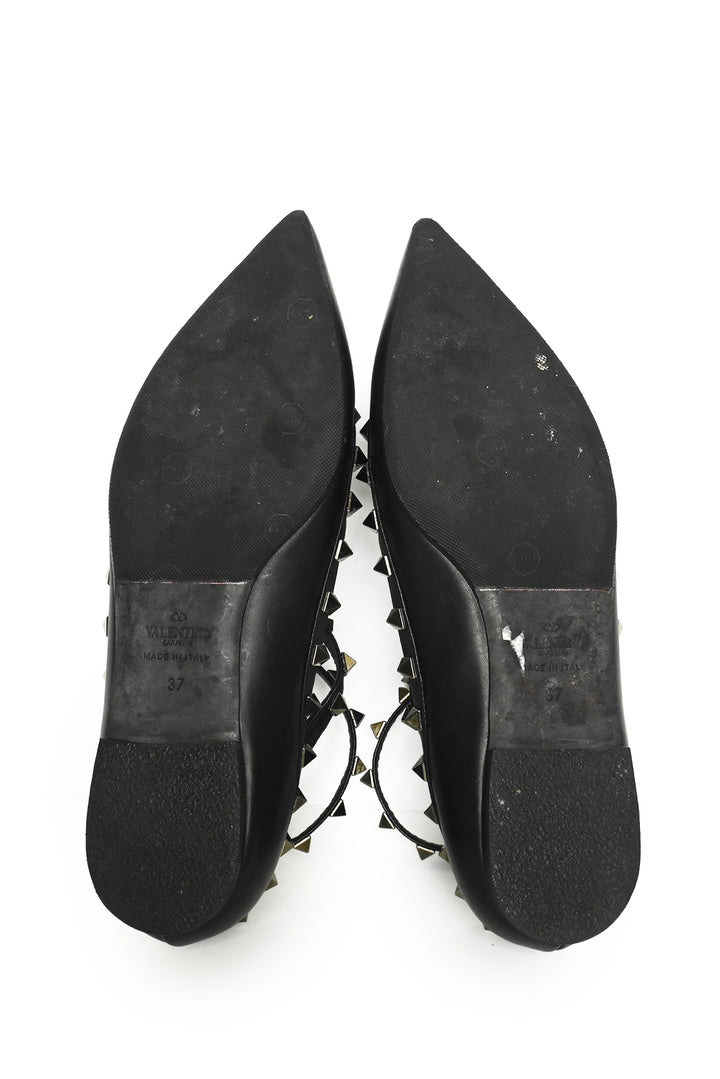 Valentino Size 37 Noir Rockstud Ankle Strap Cage Flats